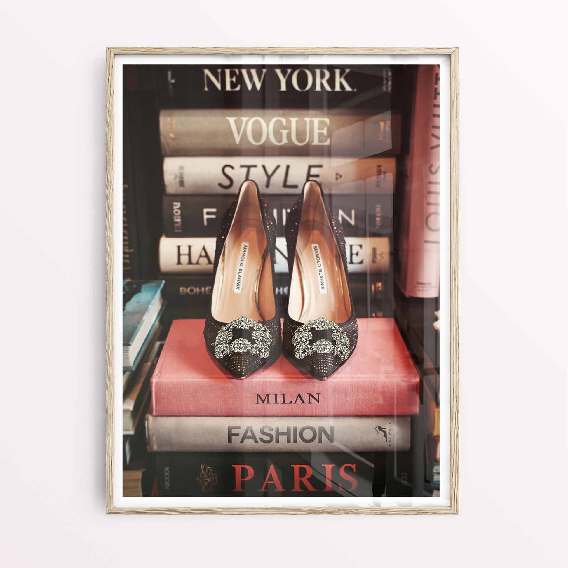 Poster featuring Paris, Milan, Vogue book stack and heels