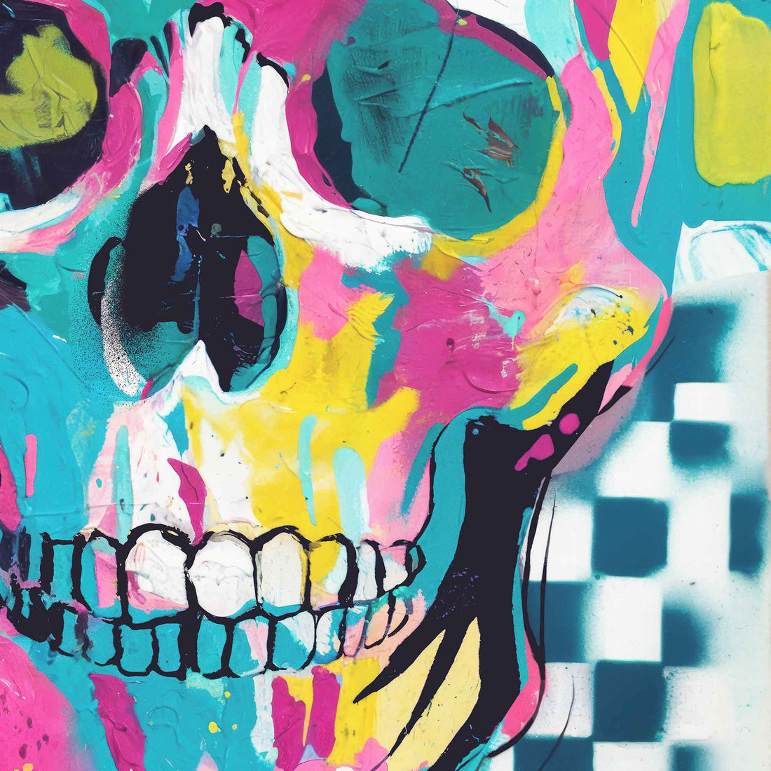 Urban Maximalism, skull wall art, abstract skull print, neon pop art, contemporary canvas print, bold wall art, modern maximalist decor, After Hours Gallery