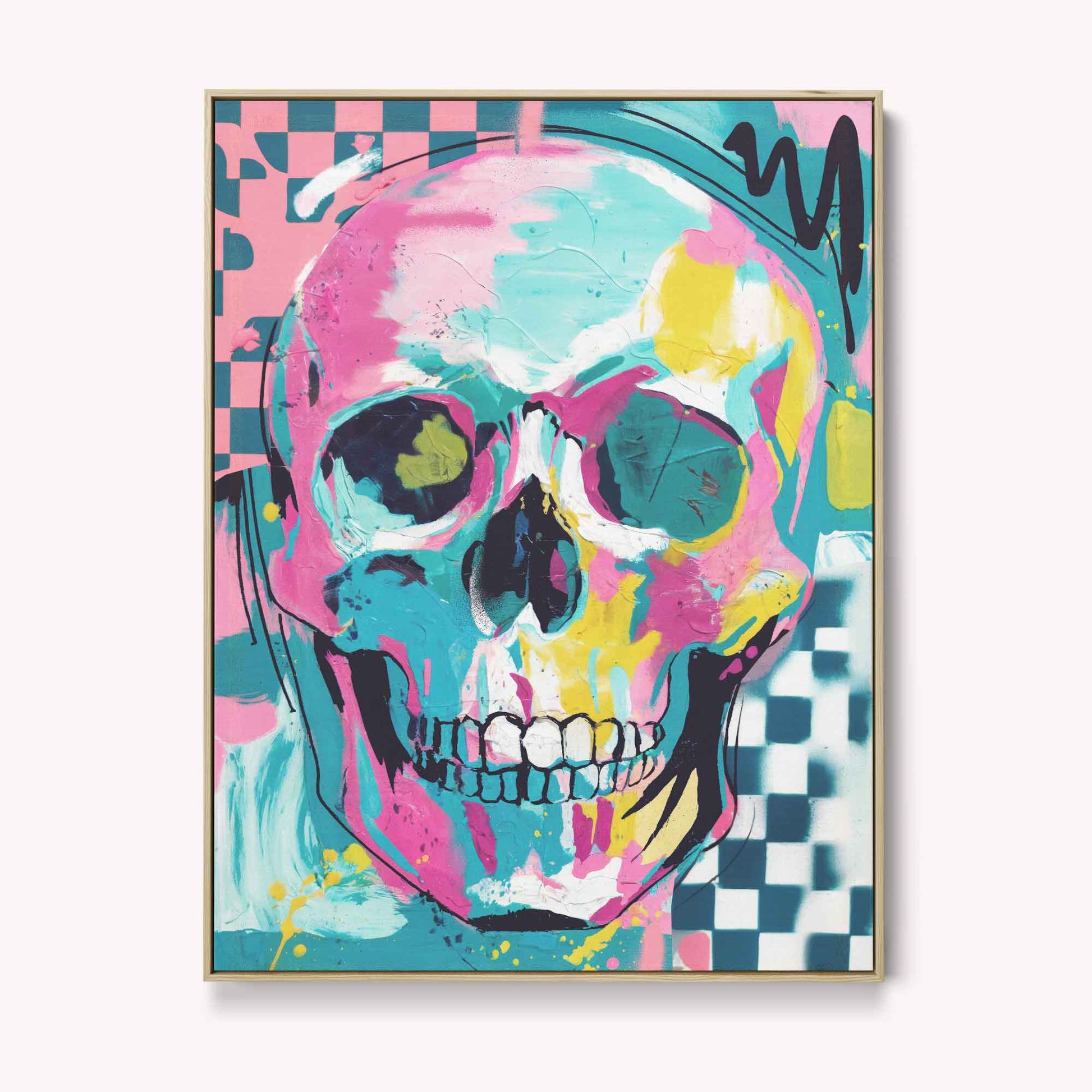 Urban Maximalism, skull wall art, abstract skull print, neon pop art, contemporary canvas print, bold wall art, modern maximalist decor, After Hours Gallery