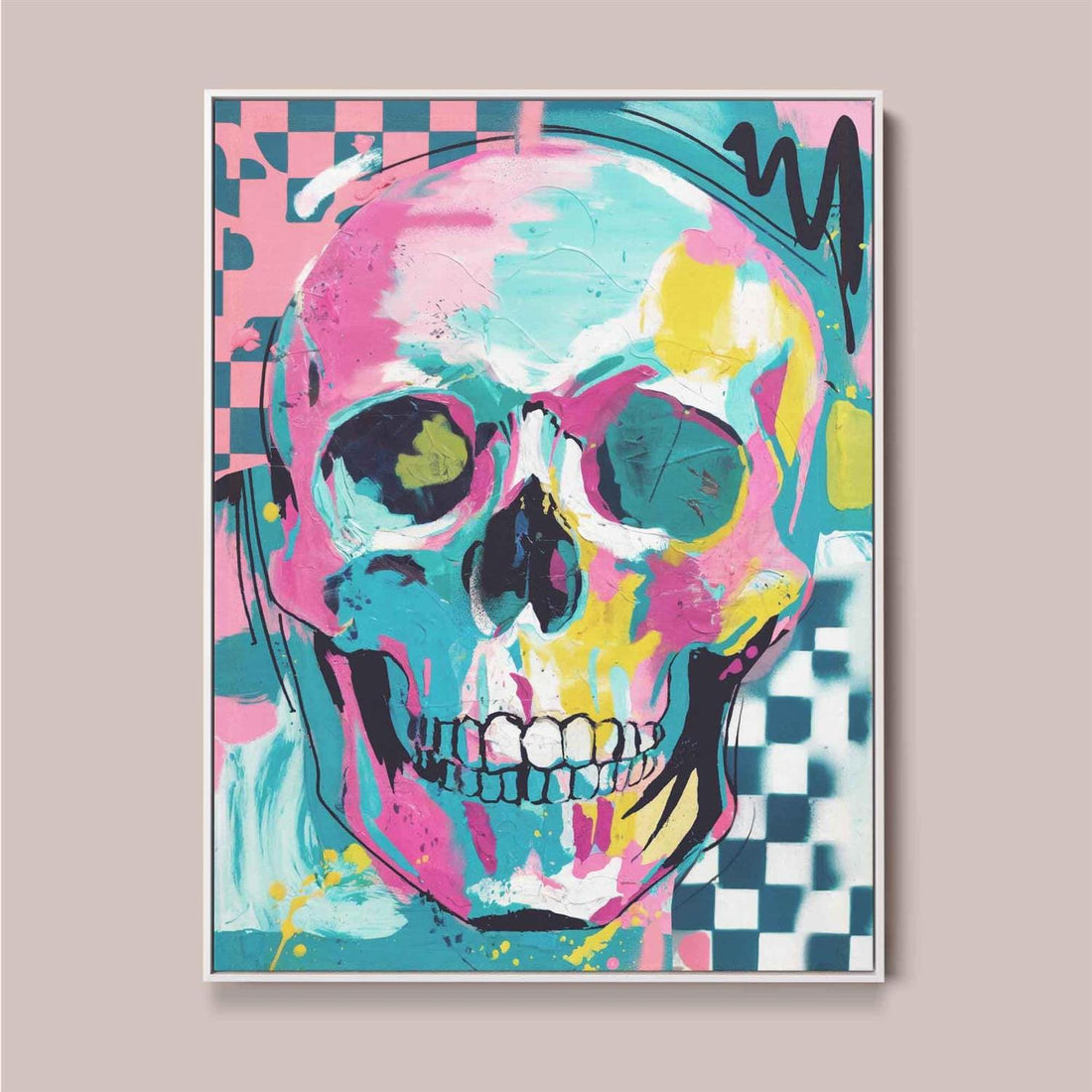 Urban Maximalism, skull wall art, abstract skull print, neon pop art, contemporary canvas print, bold wall art, modern maximalist decor, After Hours Gallery
