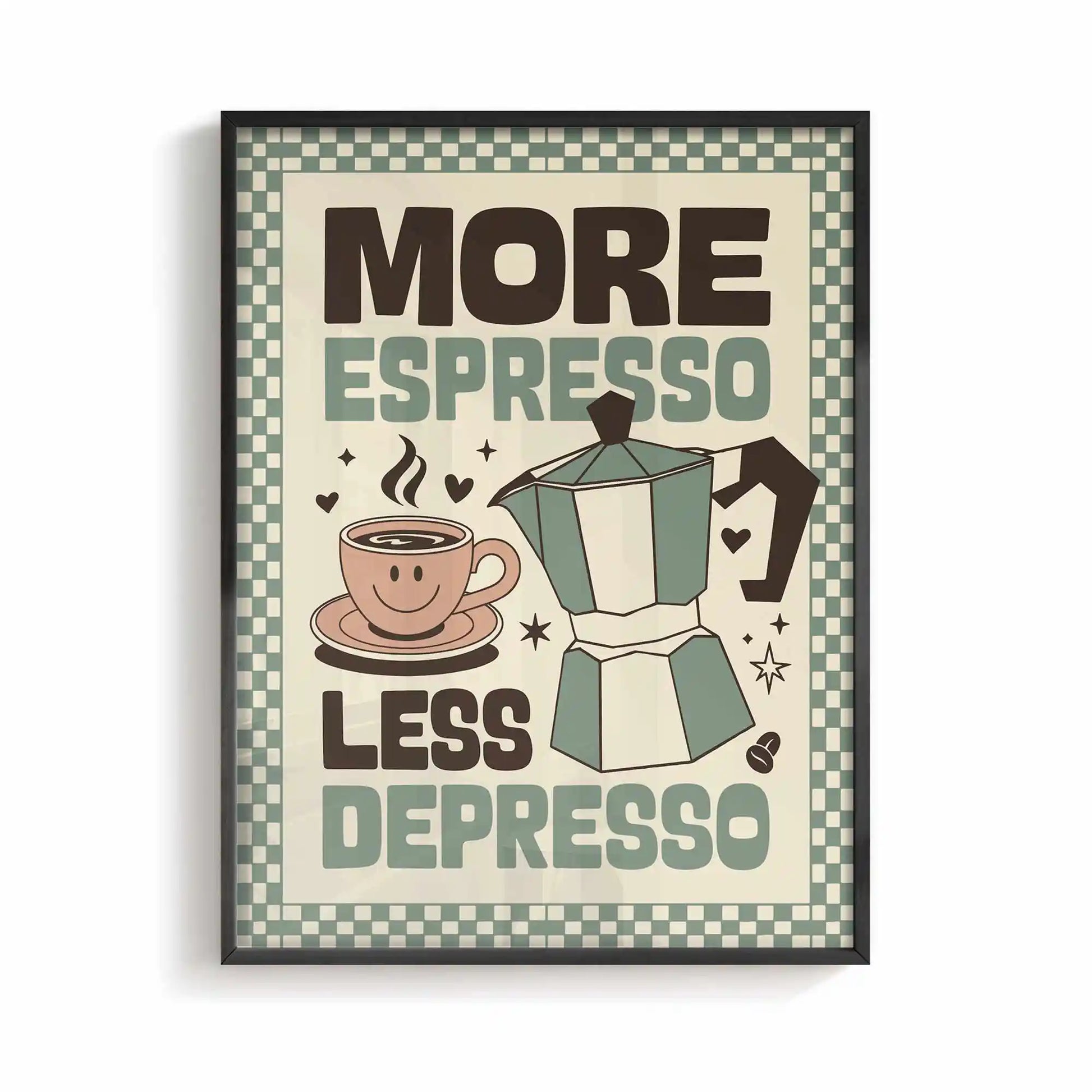 More Espresso Less Depresso brown and cream framed coffee wall art for modern interiors by Afterhours Gallery