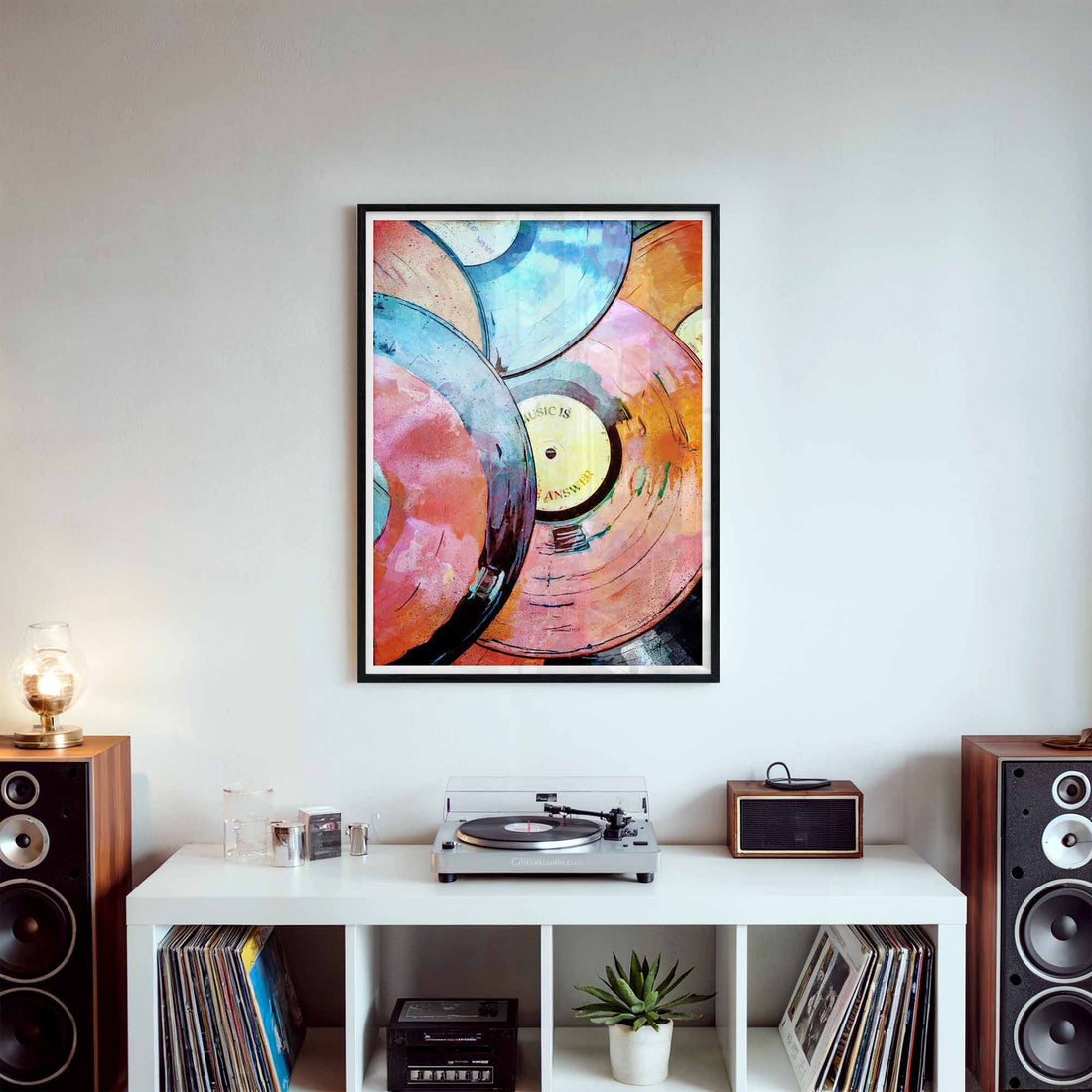 "Music Is the Answer" vinyl record art print in pink, orange, and red hues
