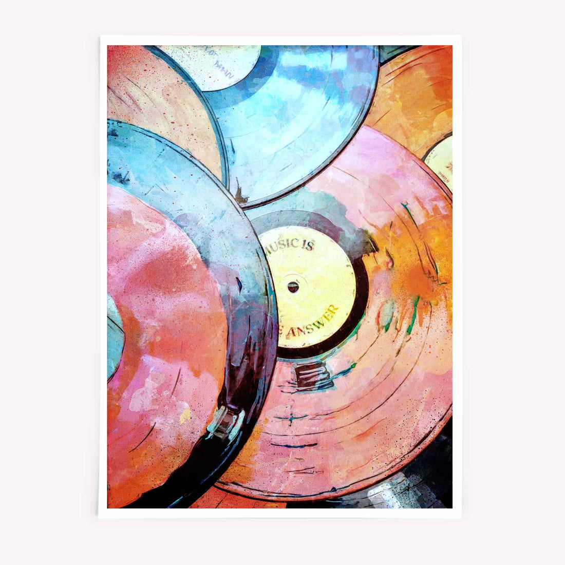 "Music Is the Answer" vinyl record art print in pink, orange, and red hues
