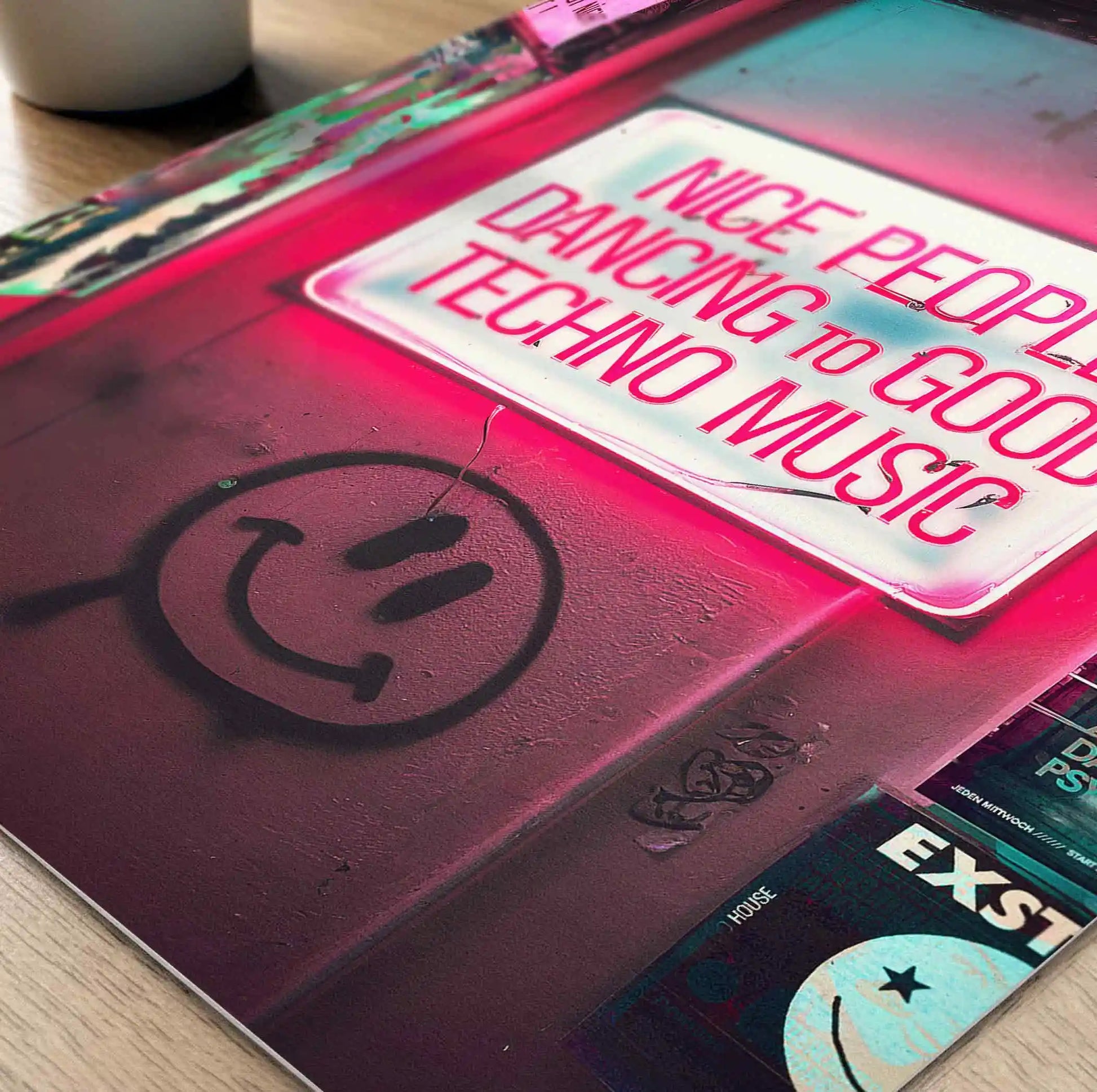 Nice People Dancing to Techno Music pink and black techno typography print detail by Afterhours Gallery