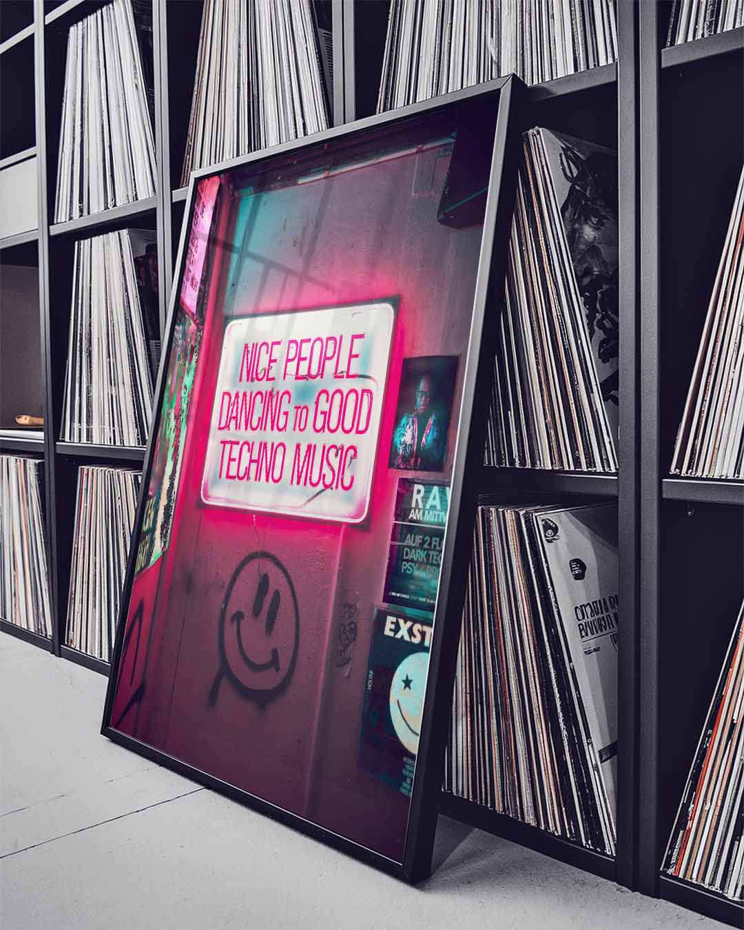 Nice People Dancing to Techno Music Print | Neon Club Poster, House & Techno Wall Art, DJ Rave Decor, Ibiza Music Art