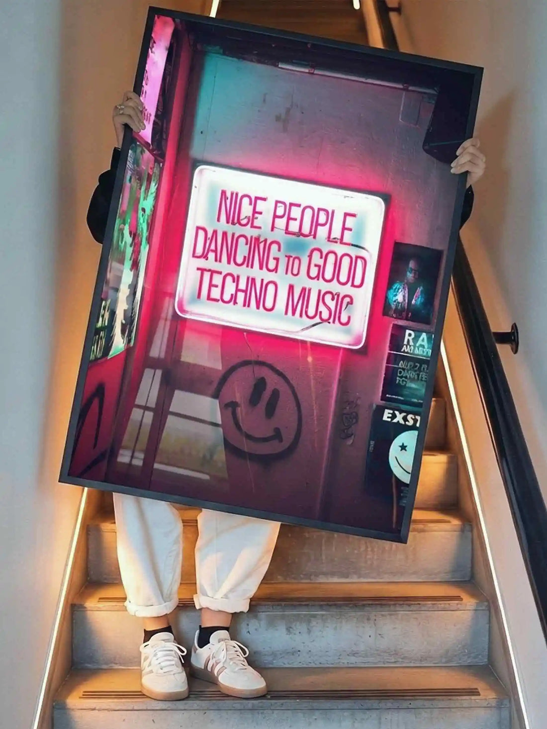 Nice People Dancing to Techno Music pink and black framed wall art for industrial interiors by Afterhours Gallery