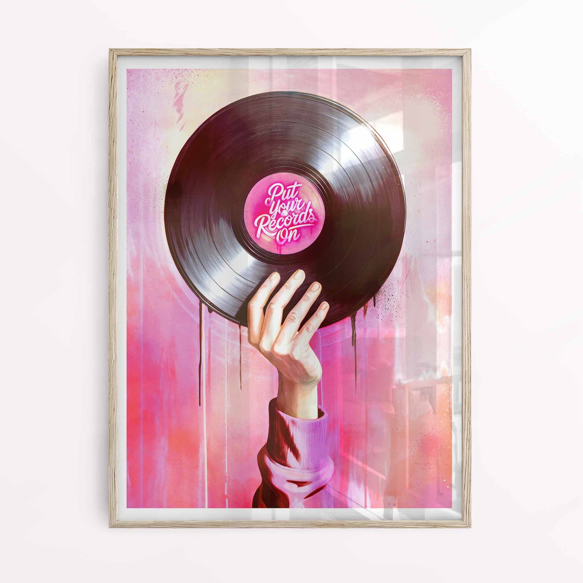 Pink and red aesthetic record print in oak frame setting