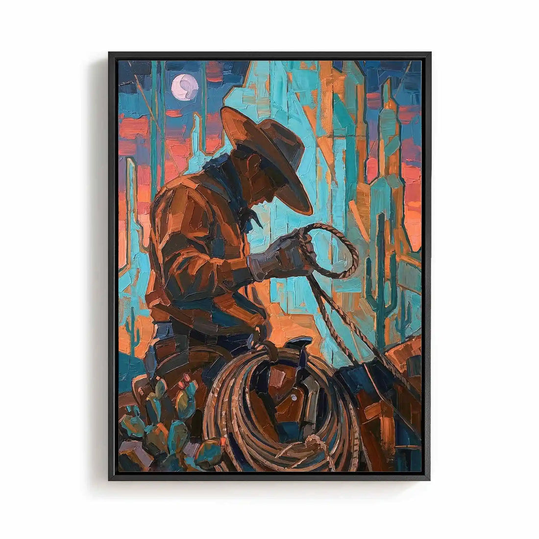 Sunset Rider orange and beige oak framed cowboy canvas for boho western interiors by Afterhours Gallery