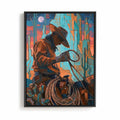 Sunset Rider orange and beige framed cowboy canvas for modern rustic interiors by Afterhours Gallery