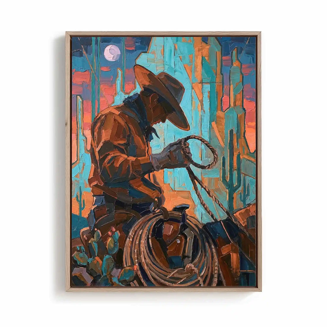 Sunset Rider orange and beige oak framed cowboy canvas for boho western interiors by Afterhours Gallery