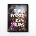 Framed artwork with classical painting and 'The World Is Yours' text