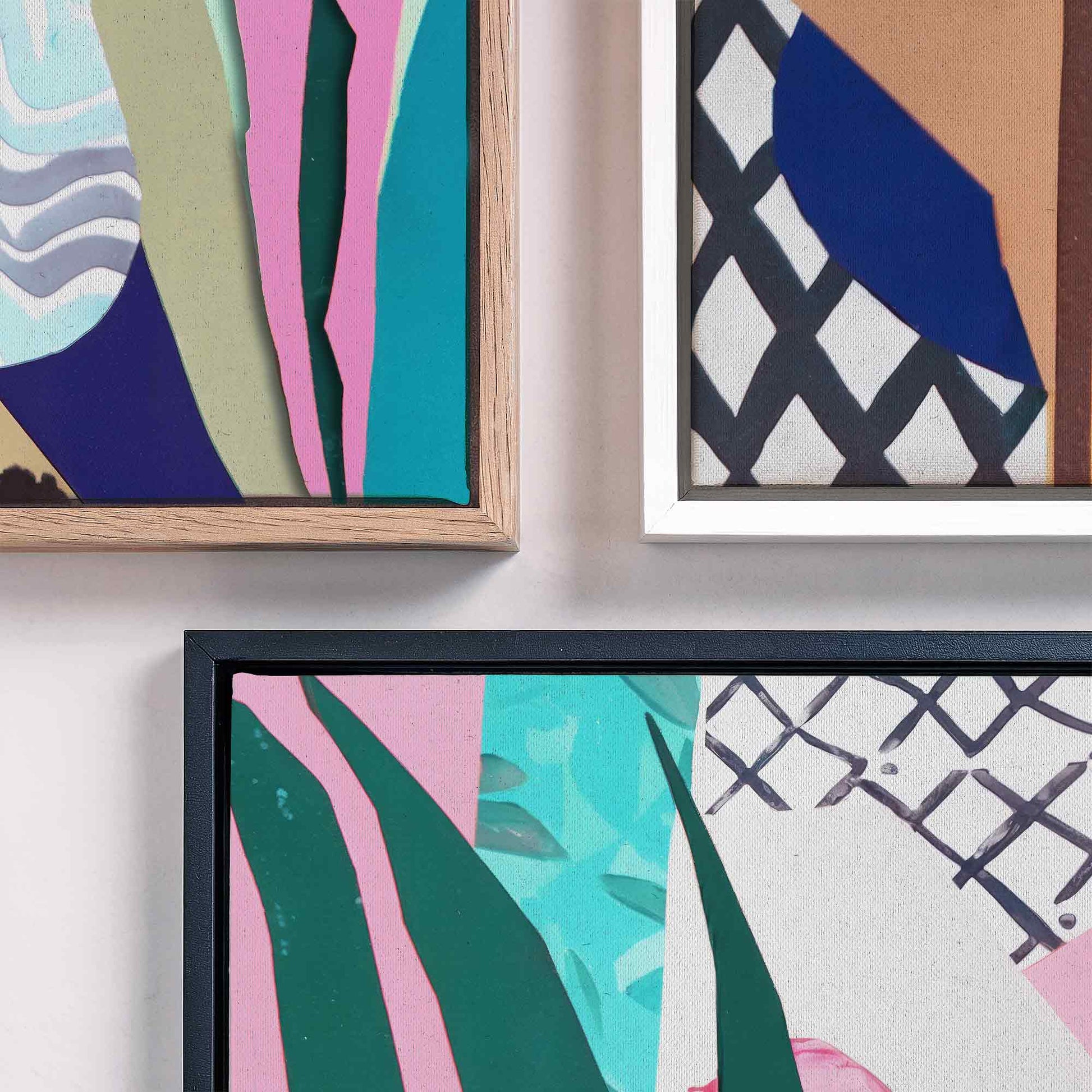 Pink and Blue Floral Balance – Abstract Collage Framed Canvas Print by Afterhours Gallery