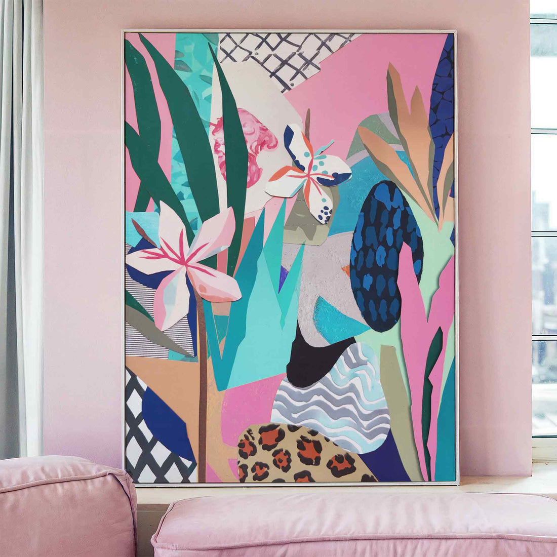 Pink and Blue Floral Balance – Abstract Collage Art Print by After Hours Gallery