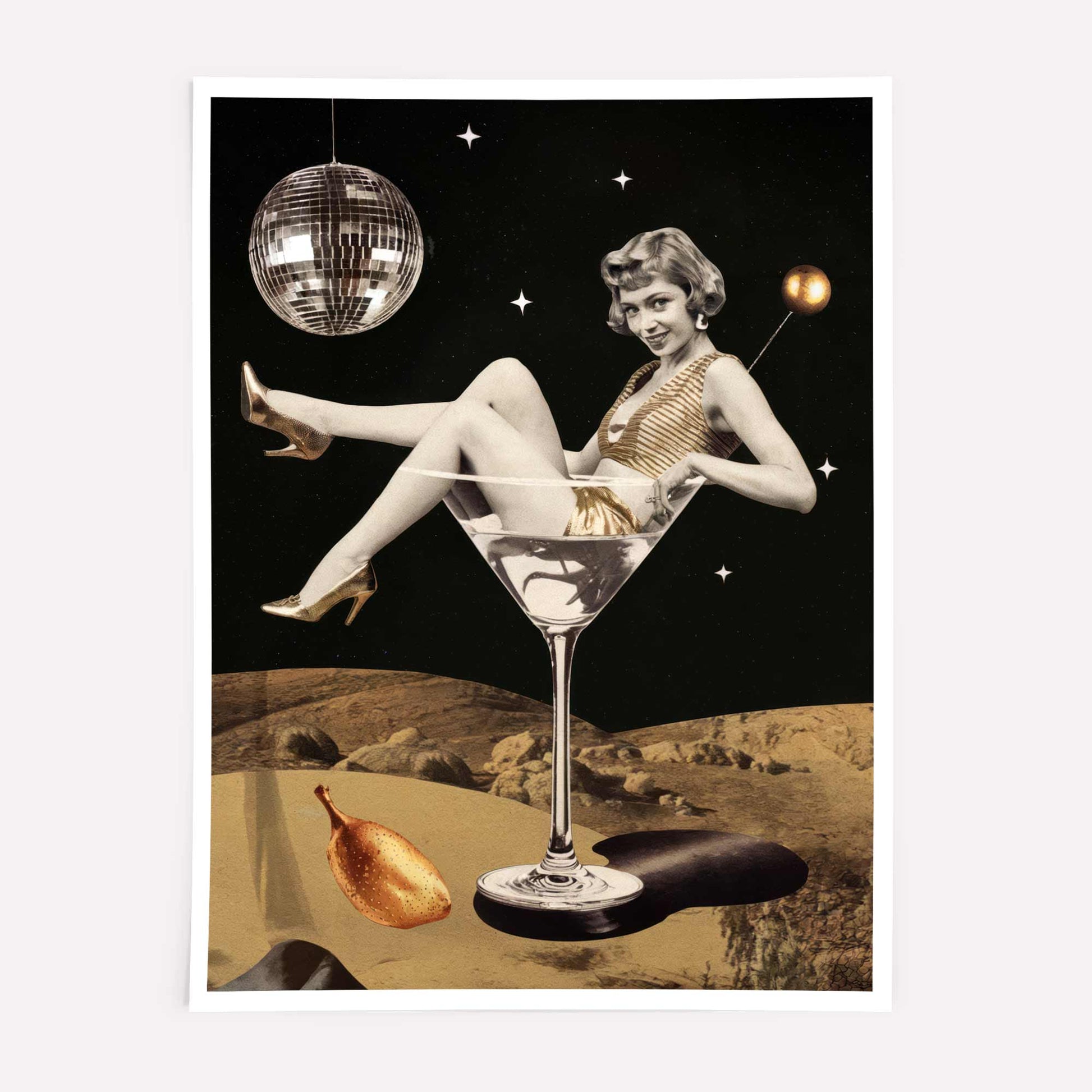 Surreal retro collage art print with a vintage woman lounging in a martini glass, disco ball, and cosmic background.