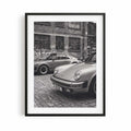 Nine Eleven Porsche 911 black and white photography print displayed in a contemporary black frame.
