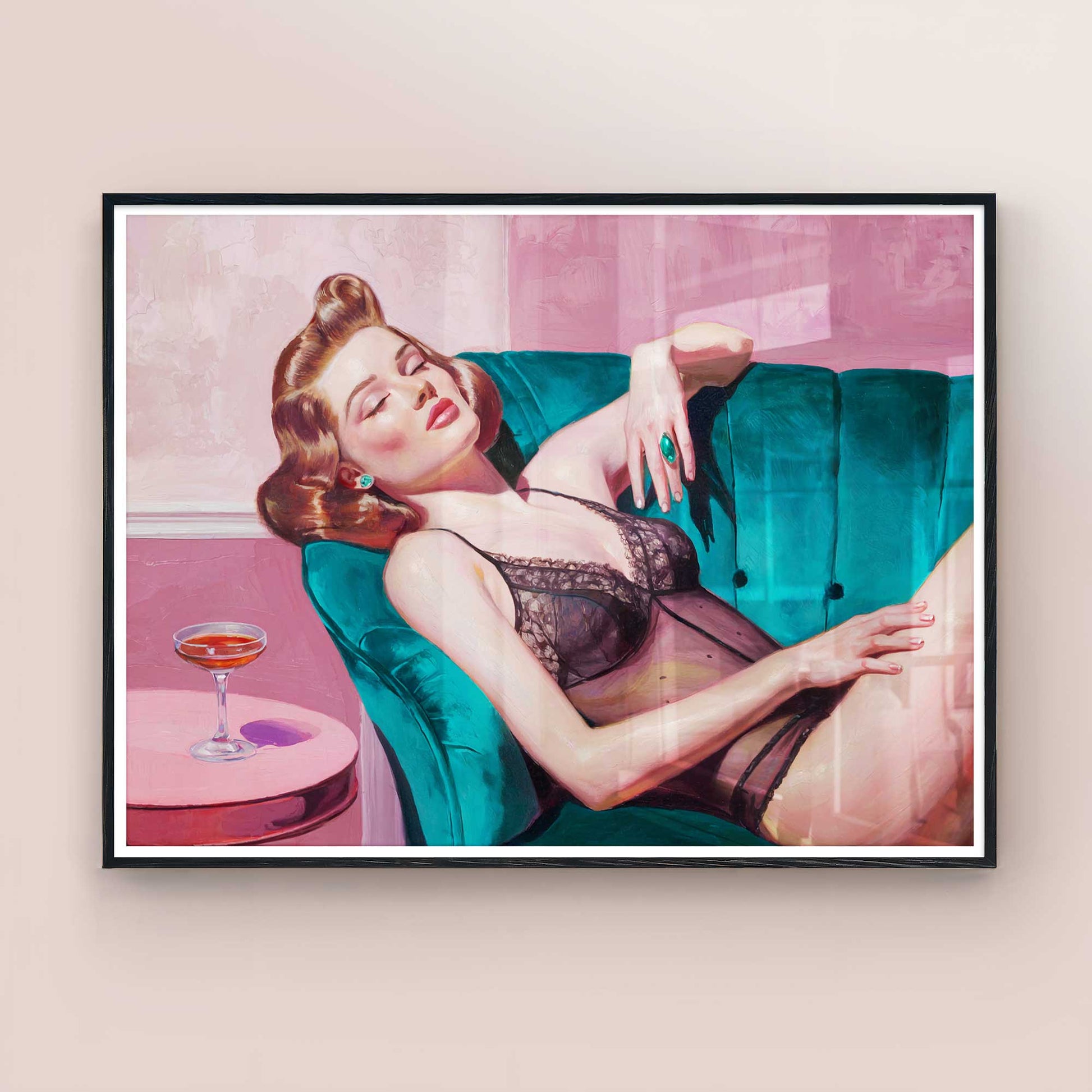 Stylish girly wall decor featuring a velvet couch and vintage cocktail elegance
