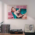 Retro-inspired bar cart wall art with pink and teal tones