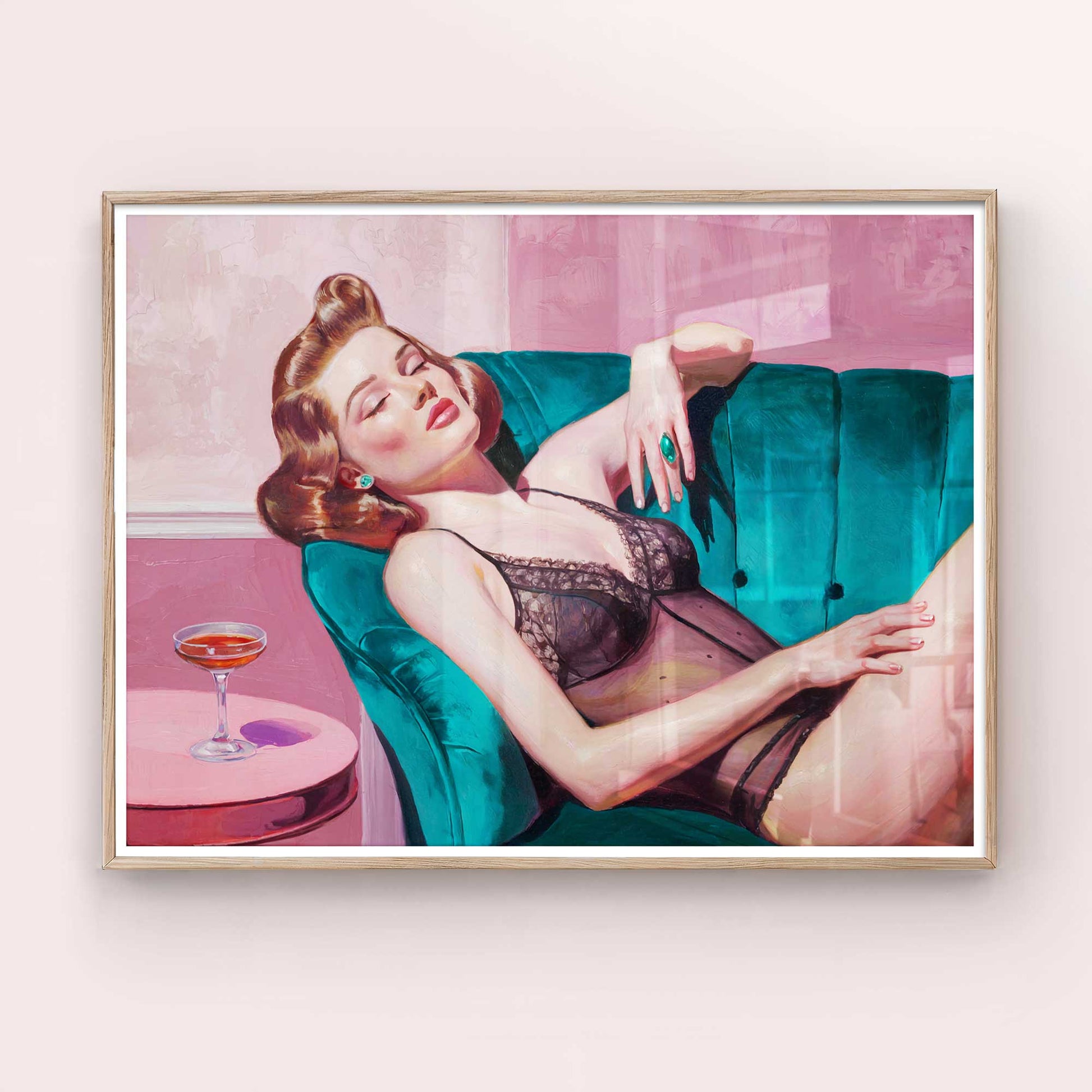 Rettro painting of girl on sofa with cocktail