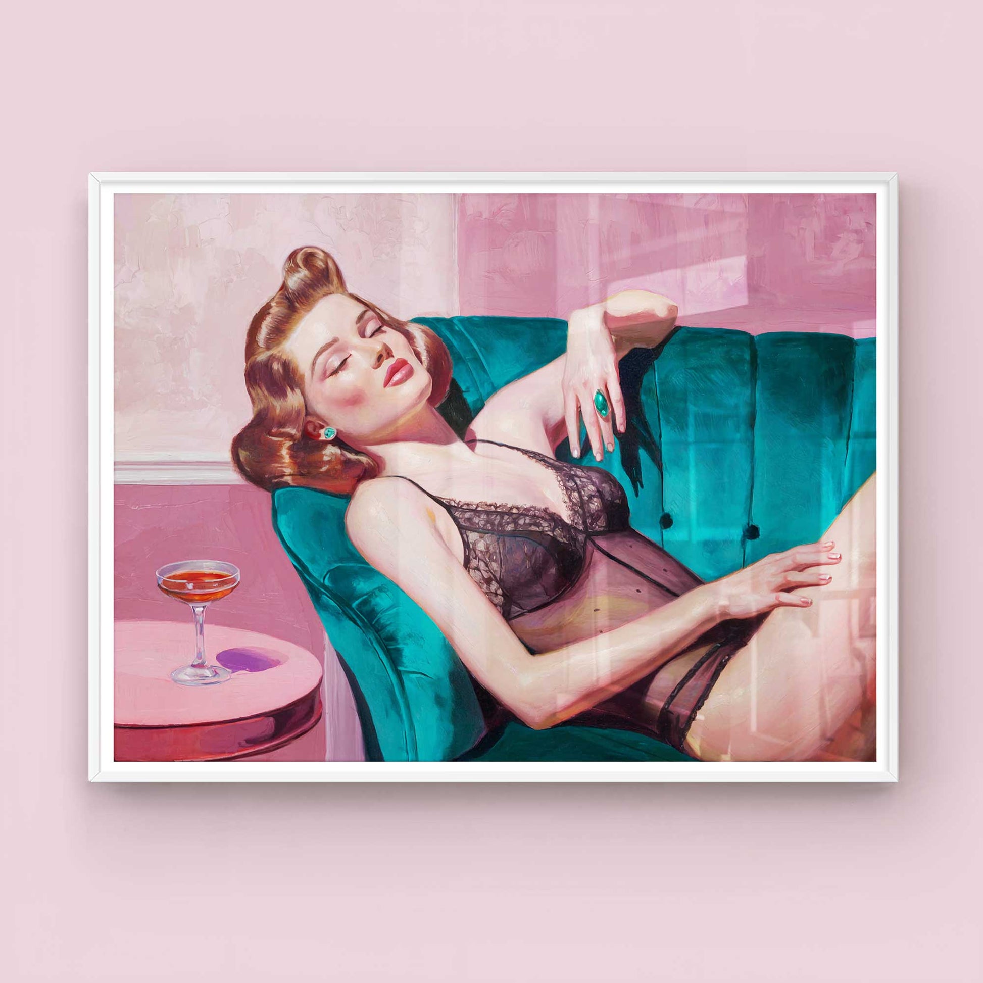 Vintage Glamour Girl on Sofa print with Cocktail