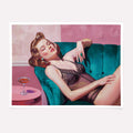 Vintage oil painting print of a glamorous woman lounging on a velvet couch with a cocktail
