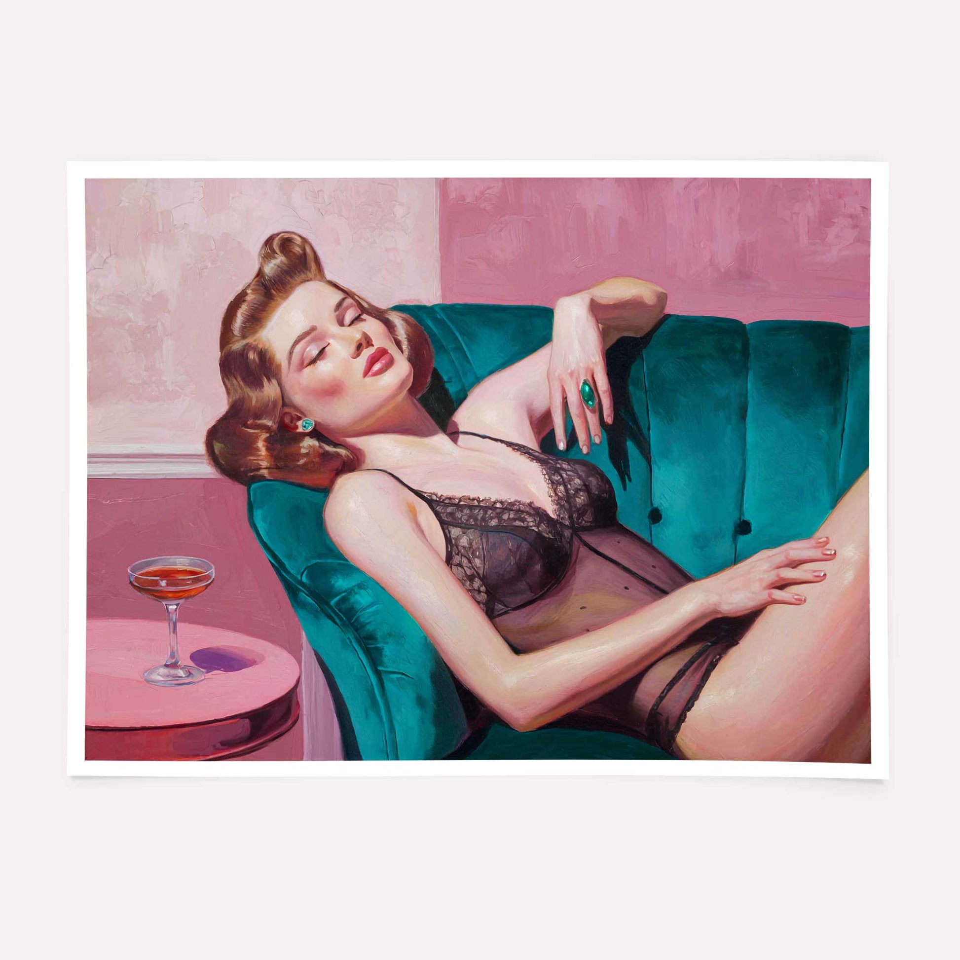 Vintage oil painting print of a glamorous woman lounging on a velvet couch with a cocktail