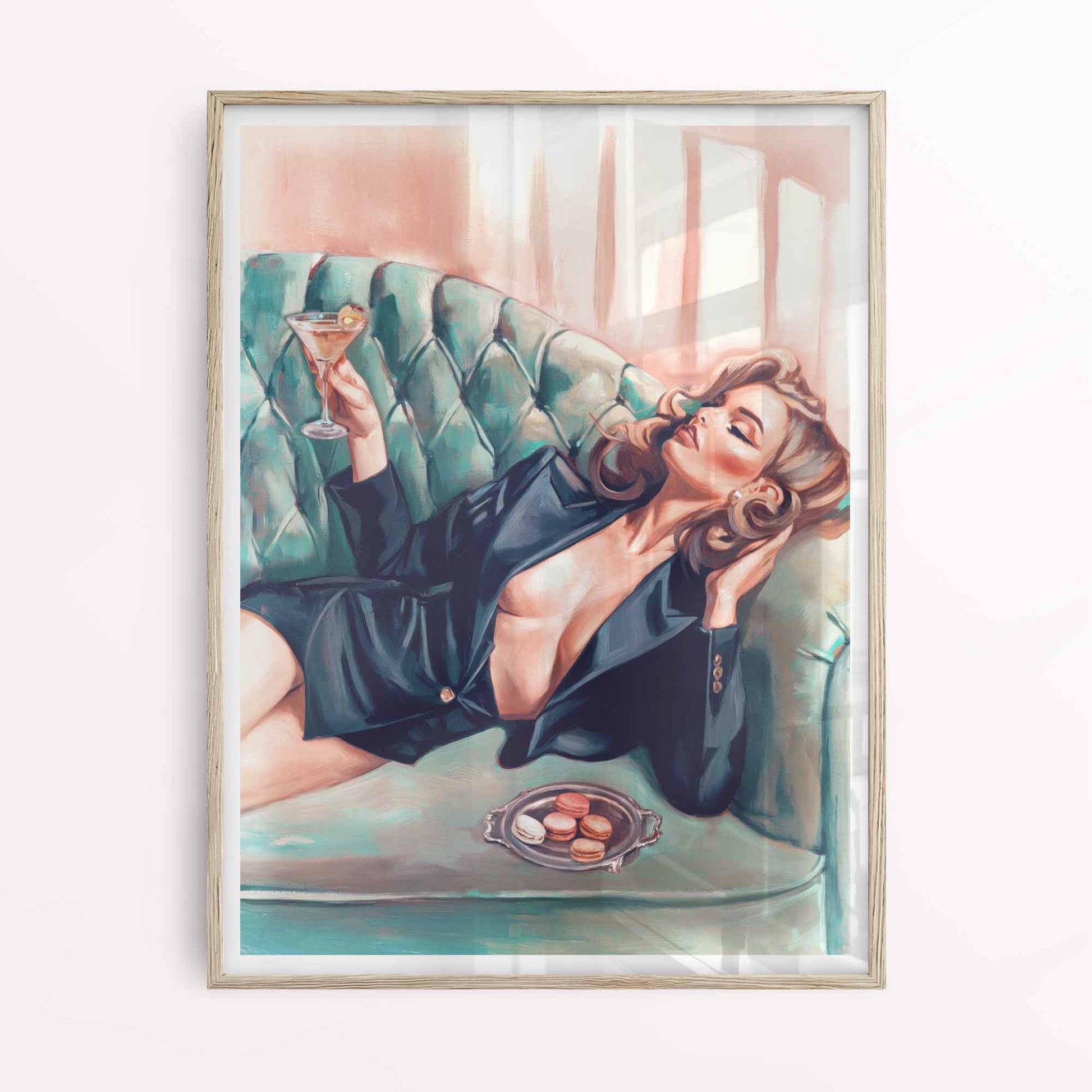 mid century style painting of a woman on a couch with martini