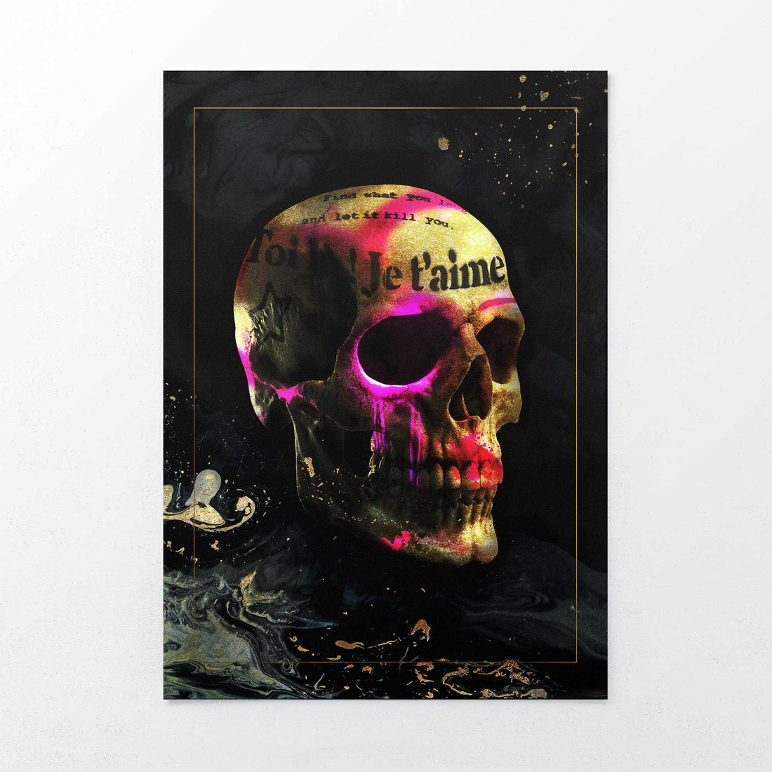 Je T'aime Skull Print | Gothic Art with Vibrant Pink and Gold 3D Effect
