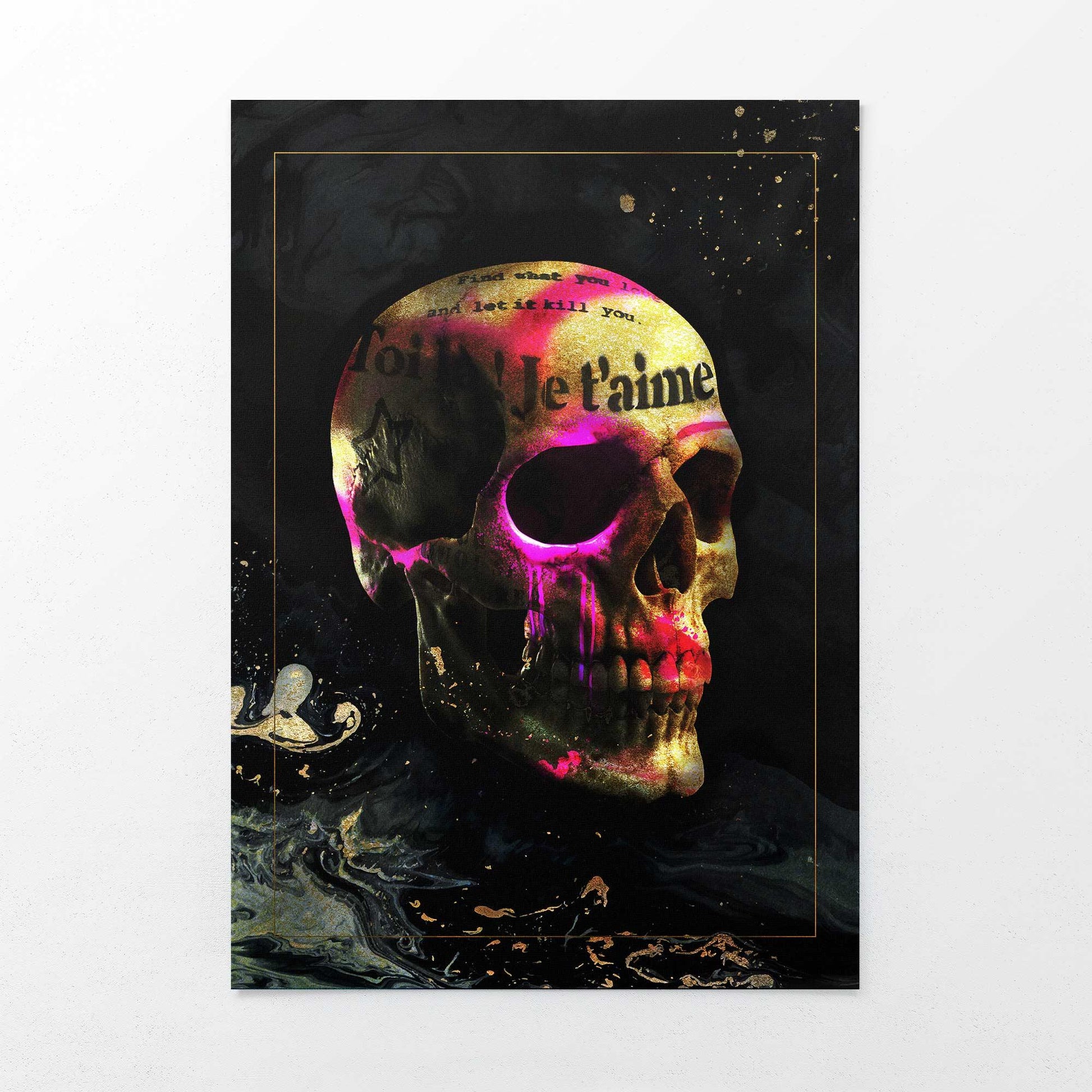 Je T'aime Skull Print | Gothic Art with Vibrant Pink and Gold 3D Effect