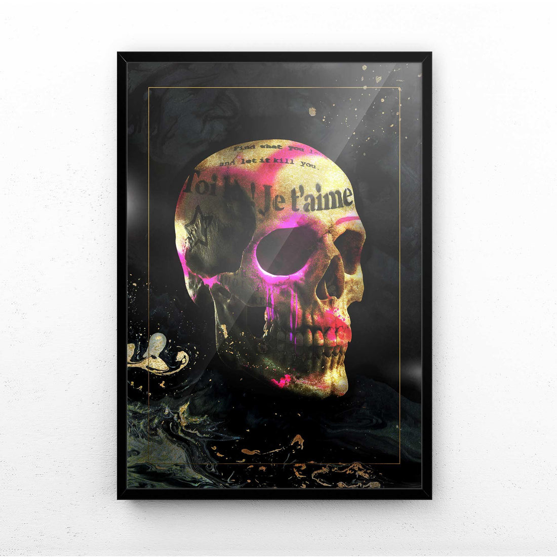Je T'aime Skull Print | Gothic Art with Vibrant Pink and Gold 3D Effect